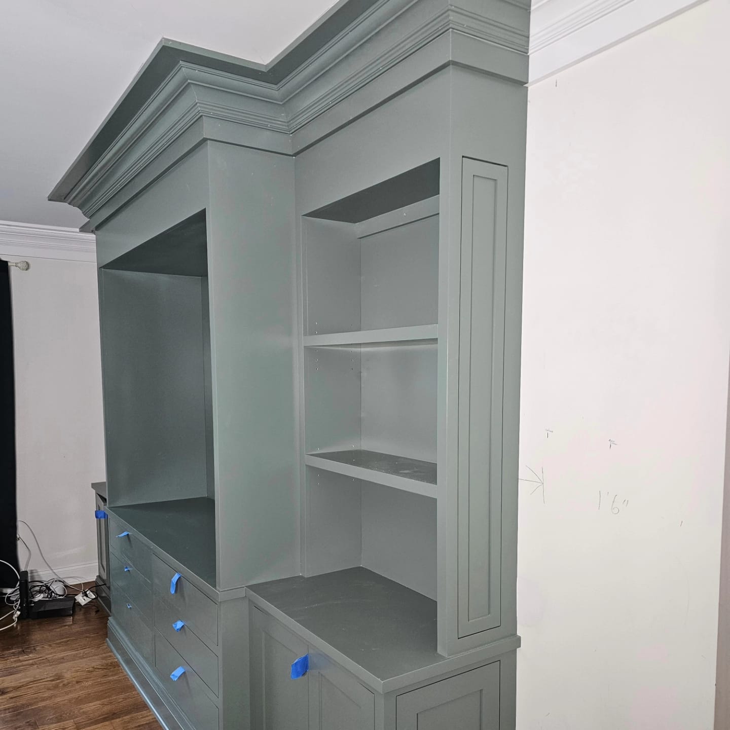 Side view of a painted built-in with layered crown molding